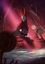  2girls aged_down arthropod_girl baby_carry carrying carrying_person child cloak frozensoba herrah_(hollow_knight) highres hollow_knight hollow_knight:_silksong hornet_(hollow_knight) mask mother_and_daughter multiple_girls red_cloak red_hood silk spider_web weaver_(hollow_knight) weaverling_(hollow_knight) 