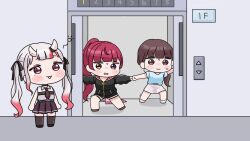  3girls :d anchor bare_shoulders black_bow black_jacket black_necktie black_shoes blue_shirt blush_stickers bow brown_eyes brown_hair brown_shoes brown_skirt brown_thighhighs chibi closed_umbrella clothes_writing copyright_name elevator gradient_hair grey_hair grey_skirt hair_bow hair_ornament heterochromia highres holding_hands hololive hood hood_down hooded_jacket horns houshou_marine houshou_marine_(summer) indoors jacket long_hair low_ponytail mochimiko multicolored_hair multiple_girls nakiri_ayame nakiri_ayame_(streetwear) necktie oni outstretched_arms pink_umbrella ponytail red_eyes red_hair shirt shoes short_sleeves skirt sleeveless sleeveless_shirt smile spread_arms streaked_hair thigh-highs trembling twintails umbrella very_long_hair virtual_youtuber white_shirt white_shoes x_hair_ornament 