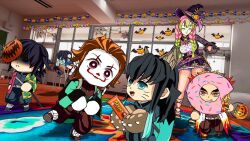  bat_(animal) black_hair blue_eyes costume decorations doughnut halloween halloween_bucket halloween_costume hashibira_inosuke it_(stephen_king) kamado_tanjirou kanroji_mitsuri kimetsu_no_yaiba mask orange_eyes orange_hair pink_hair reese's_cups rengoku_kyoujurou spider_web tokitou_muichirou two-tone_hair witch witch_hat wolf_costume wolf_ears 