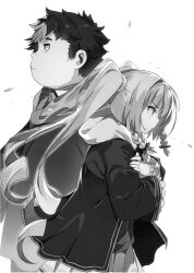  1boy 1girl alicia_vladia_sarkista bow braid buta_koushaku closed_mouth collared_shirt cowboy_shot crossed_arms fat fat_man frilled_robe from_side greyscale hair_between_eyes hair_bow highres hood hood_down hooded_robe long_hair long_sleeves miniskirt monochrome nauribon novel_illustration official_art pleated_skirt profile ribbon robe school_uniform shirt short_hair side_braids sidelocks simple_background skirt slow_denning standing third-party_source twintails v-shaped_eyebrows very_long_hair wide_sleeves 