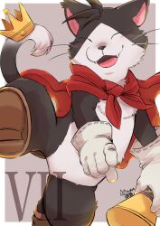  1boy animal_ears blush boots brown_boots cait_sith_(final_fantasy) cape cat_boy cat_ears cat_tail closed_eyes commentary_request crown fangs final_fantasy final_fantasy_vii furry furry_male gloves highres holding holding_megaphone male_focus megaphone open_mouth red_cape roman_numeral shirokumaou smile tail whiskers white_gloves 