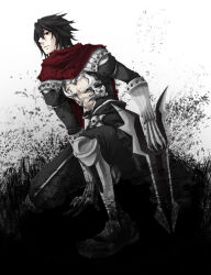  1boy armor armored_boots assassin_cross_(ragnarok_online) black_hair black_pants black_shirt boots closed_mouth commentary_request dagger darkness expressionless full_body holding holding_dagger holding_knife holding_weapon jamadhar knife looking_afar male_focus on_one_knee pants pauldrons ragnarok_online red_eyes red_scarf scarf shirt short_hair shoulder_armor skull solo toriria vambraces weapon white_background 