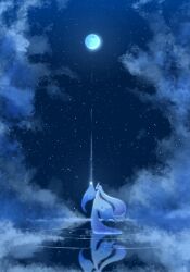 froslass full_moon highres horns ice_horns mega_froslass mega_pokemon moon natu_a0z0ra night night_sky no_humans outdoors pokemon pokemon_(creature) pokemon_focus pokemon_legends:_z-a reflection reflective_liquid ripples sky solo star_(sky) water