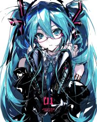  1girl absurdres aqua_eyes aqua_hair bare_shoulders bespectacled black_sleeves character_name commentary_request detached_sleeves glasses hanaseto hands_up hatsune_miku highres long_hair looking_at_viewer number_tattoo parted_lips solo tattoo teeth twintails very_long_hair vocaloid white_background 
