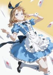  1girl :p absurdres apron black_bow black_shoes blue_dress blue_eyes bow brown_hair card closed_mouth cobwvmeti dress hair_bow highres idolmaster idolmaster_million_live! leg_up looking_at_viewer low_twintails mary_janes playing_card puffy_short_sleeves puffy_sleeves shoes short_hair short_sleeves short_twintails socks solo spade_(shape) standing striped_clothes striped_socks suou_momoko tongue tongue_out twintails vertical-striped_clothes vertical-striped_socks white_apron white_wrist_cuffs wrist_cuffs 