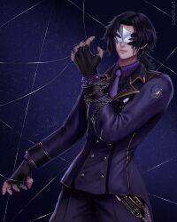  1boy arm_at_side black_hair black_mask bow bowtie buttons chain closed_mouth collared_shirt cowboy_shot criss-crossed_composition curtained_hair ear_piercing fingerless_gloves gloves gold_trim hand_up highres jacket jewelry john_smith_(cid_kagenou) kage_no_jitsuryokusha_ni_naritakute! lapels light_smile long_sleeves looking_at_viewer nose pants peaked_lapels piercing puppet_rings purple_background purple_bow purple_bowtie purple_jacket purple_pants purple_shirt red_eyes ring shirt short_hair signature solo sowuh web_address white_mask wire wire_manipulation 