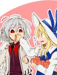  2girls blonde_hair bow bowtie dress feeding food force_feeding fruit hat jacket kaisenpurin kishin_sagume long_hair long_sleeves multiple_girls open_mouth peach purple_dress red_eyes ribbon short_hair silver_hair single_wing smile touhou watatsuki_no_toyohime wings yellow_eyes 