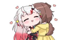  2girls :d ^_^ animal_ears bell black_kimono blush_stickers braid chibi closed_eyes dog_ears dog_girl dog_tail double_bun fang gradient_hair grey_hair hair_bell hair_bun hair_ornament hair_over_shoulder heart highres hololive horns hug inugami_korone inugami_korone_(1st_costume) jacket japanese_clothes jingle_bell kimono long_hair long_sleeves low_twintails mochimiko multicolored_hair multiple_girls nakiri_ayame nakiri_ayame_(1st_costume) off_shoulder oni red_hair simple_background sleeves_past_wrists smile streaked_hair tail twin_braids twintails two_side_up very_long_hair virtual_youtuber white_background yellow_jacket 