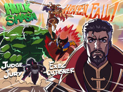  1girl 4boys angela_(marvel) beard breasts brown_hair cape doctor_strange facial_hair gloves highres hulk large_pectorals long_hair male_focus marvel marvel_rivals metal_bra multiple_boys muscular muscular_female muscular_male pectorals red_hair short_hair superhero_costume the_punisher_(character) the_punisher_(series) the_two-thousand_yard_stare thor_(marvel)_(series) thousand_yard_stare tina_fate weapon wolverine_(x-men) x-men 