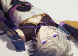  1boy bishounen blue_eyes chinese_clothes close-up csyday fate/grand_order fate_(series) grey_hair hair_between_eyes highres looking_at_viewer looking_up lying male_focus no_mask on_back prince_of_lan_ling_(fate) prince_of_lan_ling_(third_ascension)_(fate) solo white_hair 