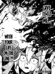  2girls aura blue_eyes blue_lock carrot carrot_hamburger_steak dark_aura english_text eye_trail food greyscale hair_between_eyes hair_ornament hairband hamburger_steak headband highres horse_girl light_trail long_hair monochrome multiple_girls nervous_sweating oguri_cap_(umamusume) open_mouth sakanaflyer scene_reference spot_color sweat tamamo_cross_(umamusume) teeth tongue tongue_out umamusume umamusume:_cinderella_gray 