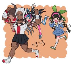  &gt;_&lt; 4girls =_= ^_^ asahina_aoi bandaged_wrist bandages bell black_hair black_sailor_collar black_skirt blue_hair blue_serafuku blue_shirt blue_skirt blue_streaks blush blush_stickers bow breast_pocket brown_hair carrying carrying_person chabashira_tenko closed_eyes closed_mouth collarbone collared_shirt commentary_request danganronpa:_trigger_happy_havoc danganronpa_(series) danganronpa_2:_goodbye_despair danganronpa_v3:_killing_harmony dark-skinned_female dark_skin doughnut ear_piercing eating elbow_gloves fingerless_gloves food food_in_mouth gloves green_ribbon green_sandals hair_horns hair_ornament hair_ribbon hairband hairclip holding holding_donut holding_food in-franchise_crossover kneehighs long_hair long_sleeves mioda_ibuki mismatched_thighhighs mole mole_under_mouth multicolored_hair multiple_girls muscular muscular_female nabu_(d4ng4nn6bu12) neck_bell neckerchief ogami_sakura open_mouth piercing pink_hair pink_hairband pink_streaks pocket ponytail red_neckerchief ribbon sailor_collar sandals scar scar_on_face school_uniform scrunchie serafuku shirt shoelaces shoes short_sleeves single_elbow_glove single_fingerless_glove skirt smile socks star_(symbol) streaked_hair striped_clothes striped_gloves thigh-highs torn_clothes torn_thighhighs twintails very_long_hair white_bow white_eyes white_hair white_sailor_collar white_shirt white_shoes white_socks wrist_scrunchie 