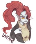  1girl artist_name blue_skin character_name eyepatch hair_over_one_eye highres leather_jacket monster_girl piikoarts ponytail redhead smile solo tagme turtleneck undertale undyne upper_body yellow_sclera 