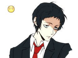  1boy absurdres adachi_tooru ako_(eanaaati1) black_eyes black_hair black_jacket chinese_commentary closed_mouth collared_shirt commentary_request emoji frown highres jacket looking_to_the_side male_focus necktie persona persona_4 portrait red_necktie shaded_face shirt short_hair simple_background solo suit_jacket white_background white_shirt wing_collar 