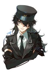  1boy absurdres alternate_hair_length alternate_hairstyle amamiya_ren black_gloves black_hair black_hat black_jacket closed_mouth collared_shirt commentary cropped_torso crossed_arms elbow_gloves english_text eyes_visible_through_hair gloves grey_eyes hair_over_one_eye hat highres jacket long_hair looking_at_viewer male_focus pekopeco persona persona_5 persona_5:_dancing_star_night persona_dancing police police_uniform shirt simple_background smile solo symbol-only_commentary upper_body white_background white_shirt 