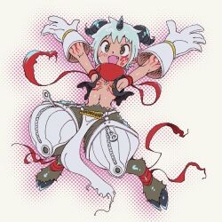  1boy aegiomon animal_legs black_eyes black_horns black_vest body_fur body_markings brown_fur chest_jewel colored_skin digimon digimon_(creature) facial_mark fang full_body gloves goat_boy grey_background grey_hair highres hoisotsu01 horns male_focus navel no_shirt open_mouth pointy_ears red_scarf ringed_eyes scarf solo vest white_gloves 