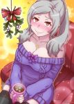  1girl akairiot black_legwear blush bow breasts brown_eyes cleavage collarbone cup fire_emblem fire_emblem:_kakusei grey_hair highres hot_chocolate jewelry large_breasts long_hair looking_at_viewer mistletoe mug my_unit_(fire_emblem:_kakusei) necklace off-shoulder_sweater ponytail sitting smile solo sweater thigh-highs zettai_ryouiki 