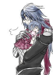  1boy 1girl assassin_cross_(ragnarok_online) black_shirt blue_hair carrying carrying_person child closed_mouth commentary_request eremes_guile expressionless long_hair open_mouth plaid_clothes plaid_skirt profile ragnarok_online red_eyes red_scarf red_skirt scarf shirt short_hair simple_background skirt toriria upper_body white_background 