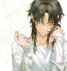  1boy black_hair collarbone hands_up holding holding_own_hair long_hair long_sleeves looking_at_viewer male_focus original parted_bangs pink_eyes shirt simple_background sleeves_past_wrists upper_body white_background xiaojiaju zoom_layer 