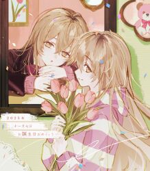  2025 2girls absurdres bouquet brown_eyes brown_hair dual_persona flower hair_between_eyes highres holding holding_bouquet hood hoodie ienaga_mugi long_hair looking_at_viewer multiple_girls nijisanji no_answer51 pink_flower pink_tulip profile smile striped_clothes striped_hoodie tulip virtual_youtuber 
