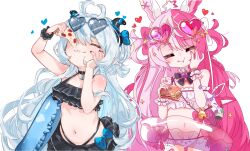  2girls =_= absurdres akugaki_koa animal_ears antenna_hair bikini bikini_skirt black_bikini black_choker black_horns black_nails blue_bow blue_hair blush bow bowtie breasts burger choker chromashift closed_eyes collar crescent crescent_hair_ornament demon_girl demon_horns eating food foodgasm frilled_bikini frilled_collar frilled_wrist_cuffs frills hair_bow hair_ornament hair_rings hand_on_own_cheek hand_on_own_face heart heart-shaped_eyewear heart_antenna_hair highleg highleg_bikini highres holding holding_burger holding_food holding_pizza horns lalabell_lullaby long_hair loving_aura lupinus_lullaby multicolored_hair multiple_girls navel nean_black pendant_choker pink-tinted_eyewear pink_bow pink_hair pink_nails pizza pizza_slice pointy_ears pouch purple_bow purple_bowtie purple_nails rabbit_brooch rabbit_ear_panties rabbit_ears second-party_source small_breasts sparkle_hair_ornament split-color_hair star_ahoge stomach swimsuit tinted_eyewear transparent_innertube two-tone_hair very_long_hair virtual_youtuber white_background white_bikini white_bow white_hair wrist_cuffs 