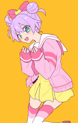  1girl :d ahoge blush bow cardigan commentary_request double_bun dress green_eyes hair_bow hair_bun hands_up highres long_sleeves looking_at_viewer manaka_laala manaka_laala_(normal) neckerchief nojima_minami open_mouth orange_background paprika_private_academy_school_uniform pink_bow pink_cardigan pink_neckerchief pretty_series pripara purple_hair sailor_collar school_uniform short_dress short_hair simple_background sleeves_past_wrists smile solo standing striped_clothes striped_thighhighs thigh-highs white_sailor_collar yellow_dress 