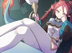  1girl arm_support blue_eyes brown_choker calligraphy_brush chinese_clothes chixia_(stella_sora) choker crossed_legs dragon_girl dragon_tail forehead grin hair_between_eyes hand_on_own_cheek hand_on_own_face highres holding holding_calligraphy_brush holding_paintbrush legs_on_table light_blush long_hair long_sleeves mosuke1221 oversized_object paintbrush pantyhose parted_bangs pointy_ears reclining red_hair scroll shrug_(clothing) smile solo stella_sora tail twintails very_long_hair wide_sleeves 