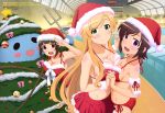  3girls absurdres bare_midriff bikini blonde_hair breast_press breasts brown_hair christmas christmas_tree cleavage futsuu_no_joshikousei_ga_locodol_yattemita green_eyes hat highres indoors interlocked_fingers kohinata_yukari long_hair looking_at_viewer mikoze_yui multiple_girls navel official_art open_mouth pool red_eyes santa_bra santa_hat smile swimsuit symmetrical_docking uogokoro-kun usami_nanako violet_eyes 