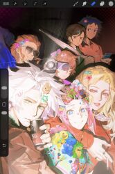  2girls 5boys arm_around_neck art_program_in_frame black_hair blonde_hair blue_eyes bow bright_pupils brown_eyes brown_hair brown_jacket camcorder can canned_coffee cellphone charm_(object) classicaloid closed_mouth closed_umbrella drink_can flower_hairpin franz_liszt_(classicaloid) franz_schubert_(classicaloid) frederic_chopin_(classicaloid) green_jacket hair_bow hair_ornament hairclip heart heart_hair_ornament highres holding holding_can holding_umbrella jacket kagura_sousuke ludwig_van_beethoven_(classicaloid) multiple_boys multiple_girls multiple_hair_bows octahooves orange_shirt otowa_kanae phone pink_ribbon rabbit_hair_ornament red_shirt ribbon shirt short_hair smartphone sunglasses umbrella video_camera white_hair white_pupils wolfgang_amadeus_mozart_(classicaloid) 