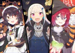  3girls :3 :d ange_katrina animal_hair_ornament animal_hands apron bat_(animal) bat_ornament bird black_cloak black_collar black_dress black_hat blood blood_on_face blood_on_knife blue_eyes blue_hair blue_vest blunt_bangs blush book brown_fur brown_hair buttons cake cake_slice claw_pose claws cloak collar collared_dress colored_inner_hair column_lineup commentary_request dog_girl double-breasted double-parted_bangs dress eyelashes fangs fantasy_text fingernails flask flower food frilled_apron frills green_liquid hair_between_eyes hair_flower hair_ornament halloween halloween_costume hands_up hat hat_ornament heart heterochromia holding holding_book holding_food holding_tray ice_cream ice_cream_float inui_toko knife lize_helesta long_bangs long_hair looking_at_viewer low_twintails maid maid_headdress mitsumine_(ookami_no_oyashiro) monocle multicolored_eyes multicolored_hair multiple_girls nijisanji object_through_head open_book orange_hat orange_sleeves paw_print red_eyes red_hair round-bottom_flask sanbaka_(nijisanji) sebastian_piyodore sharp_fingernails shirt short_hair sleeve_cuffs sleeves_past_wrists smile smoke streaked_hair striped_sleeves textless_version tray twintails two-sided_fabric two-sided_headwear two-tone_eyes two-tone_hair vampire_costume very_long_hair vest violet_eyes virtual_youtuber waist_apron white_apron white_hair white_headdress white_shirt wide_brim wingtip_collar witch witch_hat yellow_bird yellow_eyes 