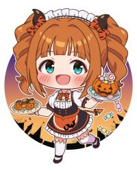  1girl absurdres animal_print apron bat_print blue_eyes blunt_bangs blush bow bowtie candy chibi chibi_only commentary_request cookie demon_horns demon_tail dress english_commentary fake_horns fake_tail food frilled_dress frills full_body hair_bow halloween highres holding holding_tray horns idolmaster idolmaster_(classic) jack-o&#039;-lantern lollipop maid maid_headdress mixed-language_commentary open_mouth orange_hair pumpkin short_sleeves sizmaru11 smile solo standing standing_on_one_leg tail takatsuki_yayoi thigh-highs tray twintails waist_apron waitress wrapped_candy wrist_cuffs 