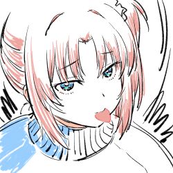  1girl blue_eyes blue_sweater highres kamiina_botan_yoeru_sugata_wa_yuri_no_hana looking_at_viewer mouth_hold nazo_no_anime-dan pink_hair plectrum plectrum_in_mouth side_ponytail solo sweater yusa_akane 