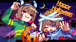  &gt;_o 2others ahoge animal annoying_dog arm_up artistic_error bandaged_head bandages bat_(animal) blonde_hair blood blood_on_clothes blood_on_face blood_on_hands blue_cape blue_sweater blunt_ends bob_cut bone bow brown_hair bucket candy candy_cane cape center-flap_bangs chara_(undertale) circle_facial_mark closed_eyes colored_inner_hair commentary crescent_moon dog double-parted_bangs doughnut english_commentary facial_mark facing_viewer fake_horns fang fangs food frisk_(undertale) ghost green_sweater hair_between_eyes hair_intakes hairband halloween_bucket hand_up hands_up happy_halloween hat hat_bow hat_tip heart highres holding holding_bucket horn_hairband horns letterboxed lollipop long_sleeves looking_at_viewer mamedaipu8 moon multicolored_hair multiple_others napstablook night one_eye_closed open_mouth other_focus outside_border puffy_long_sleeves puffy_sleeves purple_hat purple_sky raised_inner_eyebrows red_eyes red_hair red_sweater short_hair silk simple_background skin_fang sky spider_web striped_clothes striped_sweater sweater teeth turtleneck turtleneck_sweater twitter_username two-tone_hair two-tone_sweater u_u undertale upper_body upper_teeth_only utdr_(toby_fox) v-shaped_eyebrows watermark white_dog white_hairband witch_hat wrapped_candy yellow_bow yellow_sweater 