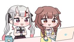  2girls :d animal_ears bendy_straw black_bow black_necktie blush_stickers bone_hair_ornament bow braid brown_eyes brown_hair brown_skirt cartoon_bone chibi collared_shirt commentary_request computer computer_mouse cup dog_ears dress drinking_straw gradient_hair grey_hair hair_bow hair_ornament hair_over_shoulder hololive horns inugami_korone inugami_korone_(1st_costume) jacket laptop long_hair low_twintails mochimiko mug multicolored_hair multiple_girls nakiri_ayame nakiri_ayame_(streetwear) necktie off_shoulder oni open_clothes open_jacket pleated_skirt red_eyes red_hair shirt simple_background skirt sleeveless sleeveless_dress sleeveless_shirt smile twin_braids twintails very_long_hair virtual_youtuber white_background white_dress white_shirt x_hair_ornament yellow_jacket 