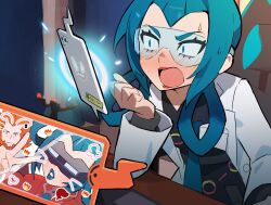  1girl black_dress blue_eyes blue_hair blush chair coat commentary_request dated_commentary desk dress eyelashes hair_rings hand_up highres indoors lipstick long_hair long_sleeves lysandre_(pokemon) mable_(pokemon) makeup open_clothes open_coat open_mouth picklehaterx_x pokemon pokemon_legends:_z-a red_lips rotom rotom_phone sitting sweat white_coat 