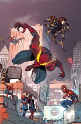  3girls 4boys animal_print billboard blue_bodysuit bodysuit building city cityscape comic_cover crossover dark-skinned_female dark_skin dynamic_pose english_commentary finger_claws glowing glowing_eyes in-franchise_crossover krazykrow leopardon marvel mask may_parker mecha multicolored_bodysuit multiple_boys multiple_girls night night_sky official_art peter_parker print_bodysuit red_bodysuit robot science_fiction short_hair silk sky skyscraper spider-man spider-man_(2018_game) spider-man_(series) spider-man_(toei) spider-verse spider-verse_(comics) spider-woman spider_print spider_web spider_web_pattern spider_web_print spinnerette spinnerette_(character) super_robot superhero_costume textless_version two-tone_bodysuit variant_set western_comics_(style) yamashiro_takuya yellow_eyes 