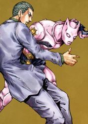  1boy 1other absurdres animal_ears araki_hirohiko_(style) belt black_gloves black_hair black_skirt blue_eyes brown_belt cat_ears collared_shirt colored_skin commentary_request diamond_wa_kudakenai fingerless_gloves fingernails gloves green_hair green_shirt grey_jacket grey_pants highres jacket jojo_no_kimyou_na_bouken kaib0y killer_queen kira_yoshikage kira_yoshikage_(bites_the_dust) lips male_focus miniskirt multicolored_hair pants parted_lips pink_eyes pink_skin shirt skirt slit_pupils stand_(jojo) suit_jacket two-tone_hair yellow_background yellow_lips 