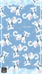  animal_focus blue_eyes blue_sclera bright_pupils chien-pao colored_sclera fangs full_body highres meme_(sleepsheep) no_humans pokemon pokemon_(creature) pokemon_focus snow_leopard tail tusks weasel white_fur 