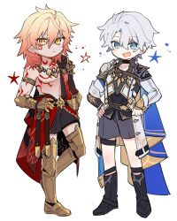  2boys antenna_hair arm_tattoo armlet armor armored_boots black_boots black_choker black_coat black_shirt black_shorts blonde_hair blue_cape blue_eyes boots braid cape chest_tattoo choker clawed_gauntlets coat earrings facial_tattoo full_body gold_earrings gold_necklace gradient_hair highres honkai:_star_rail honkai_(series) jewelry male_focus medium_hair mengpa multicolored_hair multiple_boys mydei_(honkai:_star_rail) neck_tattoo necklace open_clothes open_coat parted_bangs pauldrons phainon_(honkai:_star_rail) red_cape red_hair red_tattoo shirt short_hair shorts shoulder_armor side_braid side_cape simple_background single_pauldron sun_symbol sun_tattoo tattoo white_background white_coat white_hair yellow_eyes 