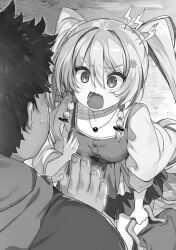  1boy 1girl alicia_vladia_sarkista angry bag blush bow braid breasts buta_koushaku dress embarrassed fat fat_man from_behind greyscale hair_between_eyes hair_bow hair_ornament hair_scrunchie hairclip hand_on_own_chest holding holding_bag hooded_robe jewelry leaning_forward long_hair monochrome nauribon necklace novel_illustration official_art open_hand open_mouth outdoors robe scrunchie short_hair side_braids slow_denning small_breasts standing sweat thighs third-party_source twintails upper_body v-shaped_eyebrows very_long_hair wavy_mouth wide_sleeves 