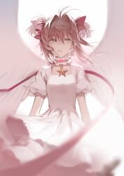  1girl arms_at_sides brown_hair cardcaptor_sakura choker cowboy_shot crying crying_with_eyes_open dress frilled_choker frilled_sleeves frills green_eyes hair_between_eyes hair_intakes hair_ribbon highres kinomoto_sakura kinomoto_sakura_(astral_sakura) light_particles looking_at_viewer magical_girl parted_lips pekopeco pink_ribbon puffy_short_sleeves puffy_sleeves red_ribbon ribbon short_hair short_sleeves solo square_neckline standing star_(symbol) star_choker tears two_side_up white_dress 