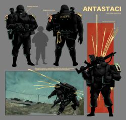  1boy absurdres ammunition_pouch assault_rifle black_boots blue_sky boots bridge bulletproof_vest coop_soggy english_text gas_mask gun gun_sling height_difference helmet highres icon_(religion) javelin_(spear) mask military_vehicle motor_vehicle object_focus original pouch rifle silhouette size_difference sky tank throwing weapon 