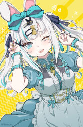  1girl animal_ear_hairband animal_ears apron ars_almal blue_dress blue_eyes blue_headdress blue_jacket blue_ribbon blue_streaks blush breasts cowboy_shot dress fake_animal_ears frilled_apron frilled_wrist_cuffs frills from_below grey_hair hair_between_eyes hair_ornament hair_ribbon hairband hairclip highres jacket jersey_maid large_ribbon light_blush light_smile lightning_bolt_symbol looking_at_viewer maid maid_apron medium_hair multicolored_hair nijisanji one_eye_closed puffy_sleeves rabbit_ears rabbit_hair_ornament rabbit_pose ribbon short_sleeves sidelocks simple_background skirt smile sticker sticker_on_face streaked_hair tatami_kami turtleneck turtleneck_jacket twintails two-tone_hair unconventional_maid virtual_youtuber waist_apron white_apron white_hair wrist_cuffs yellow_background zipper_pull_tab 