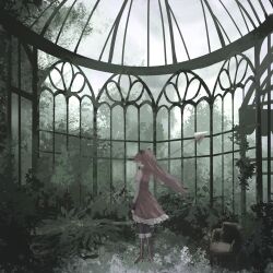  1girl armchair bare_shoulders black_bow black_pantyhose black_wrist_cuffs boots bow bush chair chinese_commentary clouds cloudy_sky collared_dress commentary_request day detached_sleeves dress floating_hair frilled_dress frills from_behind full_body greenhouse grey_sleeves hair_bow highres holding holding_polearm holding_weapon indoors knee_boots layla_836829767 long_hair long_sleeves magical_girl mahou_shoujo_madoka_magica mahou_shoujo_madoka_magica_(anime) medium_dress over_shoulder overgrown pantyhose plant polearm ponytail red_boots red_dress red_hair sakura_kyoko sky sleeveless sleeveless_dress solo spear standing tree very_long_hair vines weapon weapon_over_shoulder wind wrist_cuffs 