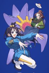  2girls :d belt black_hair blue_background blue_hoodie brown_hair commentary_request cube_hair_ornament earclip green_jacket grey_eyes hair_bun hair_ornament harmony_(pokemon) hat highres hood hood_down hoodie jacket leggings lida_(pokemon) long_hair long_sleeves mega_starmie multiple_girls nai_gai_hongcha open_clothes open_jacket open_mouth pants pokemon pokemon_(creature) pokemon_legends:_z-a ribbed_socks shirt shoes smile socks starmie tassel topknot unworn_hat unworn_headwear white_leggings white_shirt white_shoes white_socks 