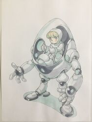  1girl blonde_hair blue_eyes bodysuit closed_mouth cockpit commentary gloves highres hood hood_up hooded_bodysuit mecha mecha_focus mecha_pilot_suit original peter_salt robot short_hair solo standing traditional_media white_background white_bodysuit white_gloves 