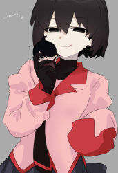  1girl :q absurdres araragi_koyomi black_eyes black_gloves black_hair black_necktie black_shirt black_skirt bob_cut breasts character_doll closed_mouth covered_collarbone doll empty_eyes flying_sweatdrops gloves grey_background hair_between_eyes highres holding holding_doll juliet_sleeves licking_lips light_smile long_sleeves looking_at_viewer monogatari_(series) naoetsu_high_school_uniform narrowed_eyes necktie oshino_ougi pale_skin pink_shirt pleated_skirt puffy_sleeves red_trim school_uniform shirt short_hair simple_background skirt sleeves_past_fingers sleeves_past_wrists small_breasts smile solo standing tongue tongue_out tsugumi_(tgm_615486) turtleneck undershirt upper_body 