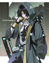  1boy absurdres aqua_jacket armor arrow_(projectile) artist_name asaba_harumasa black_hair black_necktie black_pants border building choker clenched_hand clothes_around_waist collarbone commentary cowboy_shot gloves hair_over_one_eye hand_in_pocket headband highres hood hood_up hooded_jacket id_card jacket looking_ahead male_focus naru9 necktie outdoors pants parted_bangs parted_lips partially_fingerless_gloves quiver shirt short_hair shoulder_armor skyscraper solo weapon white_border white_shirt yellow_gloves yellow_headband zenless_zone_zero 