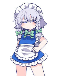  1girl :/ apron blue_dress blue_eyes blush bow bowtie braid chahan_(fried_rice0614) chibi dress frills green_bow green_bowtie grey_hair hand_on_own_hip highres izayoi_sakuya looking_at_viewer maid maid_apron maid_headdress medium_hair shirt short_sleeves solo thighs touhou twin_braids white_background white_shirt 