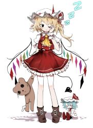 1girl :&lt; ankle_boots ascot blonde_hair boots brown_boots buttons character_doll closed_mouth collared_shirt commentary doll english_commentary flandre_scarlet frilled_skirt frills full_body hat hat_ribbon highres holding holding_stuffed_toy laevatein_(tail) long_hair one_eye_closed ougiikun puffy_short_sleeves puffy_sleeves red_ribbon red_skirt red_vest remilia_scarlet ribbon rubbing_eyes shirt short_sleeves simple_background skirt sleepy solo standing stuffed_animal stuffed_toy tail teddy_bear touhou vest white_background white_hat white_shirt wings wrist_cuffs yellow_ascot zzz 